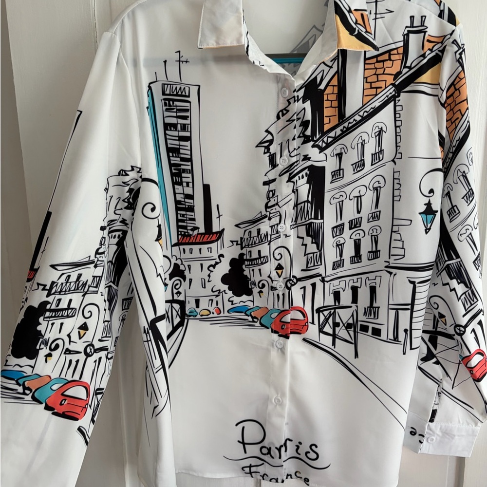 White Paris Graphic Women's Button-Up Blouse